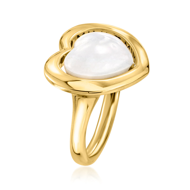 Gold heart ring with white heart stone, raised bezel and curved open band