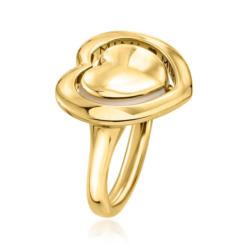 Gold heart ring underside view with oval bezel and smooth open band