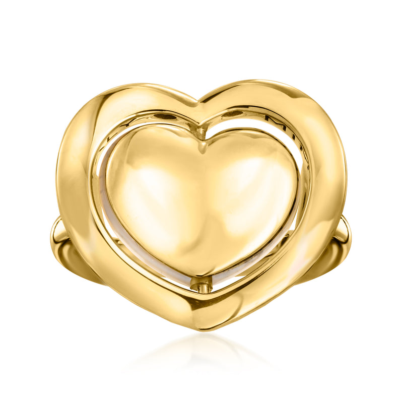 Polished gold heart doublet flip ring with white jade heart stone, high-set bezel