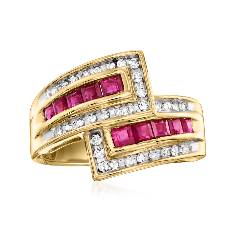 14kt yellow gold bypass ring with ruby and diamond bands