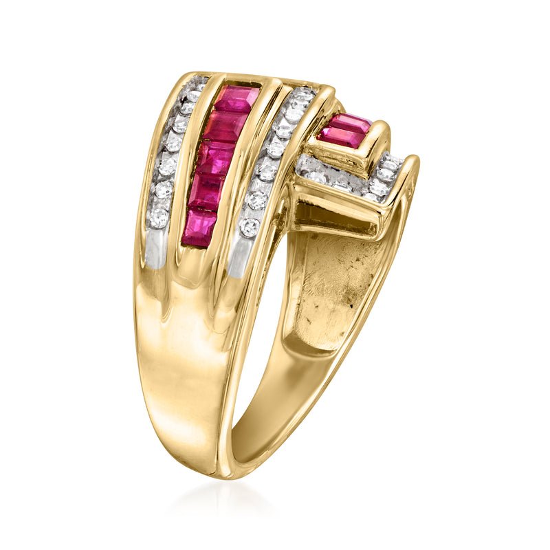 Yellow gold bypass ring with vertical pink ruby center and diamond side accents
