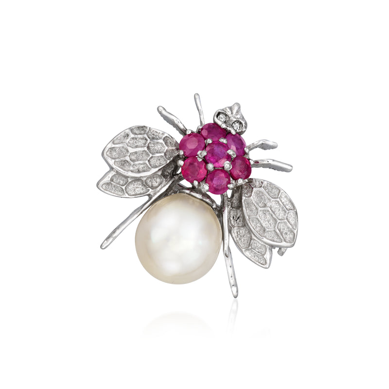 Cultured pearl and ruby gemstone bee pin/pendant in 18kt white gold with diamond accents