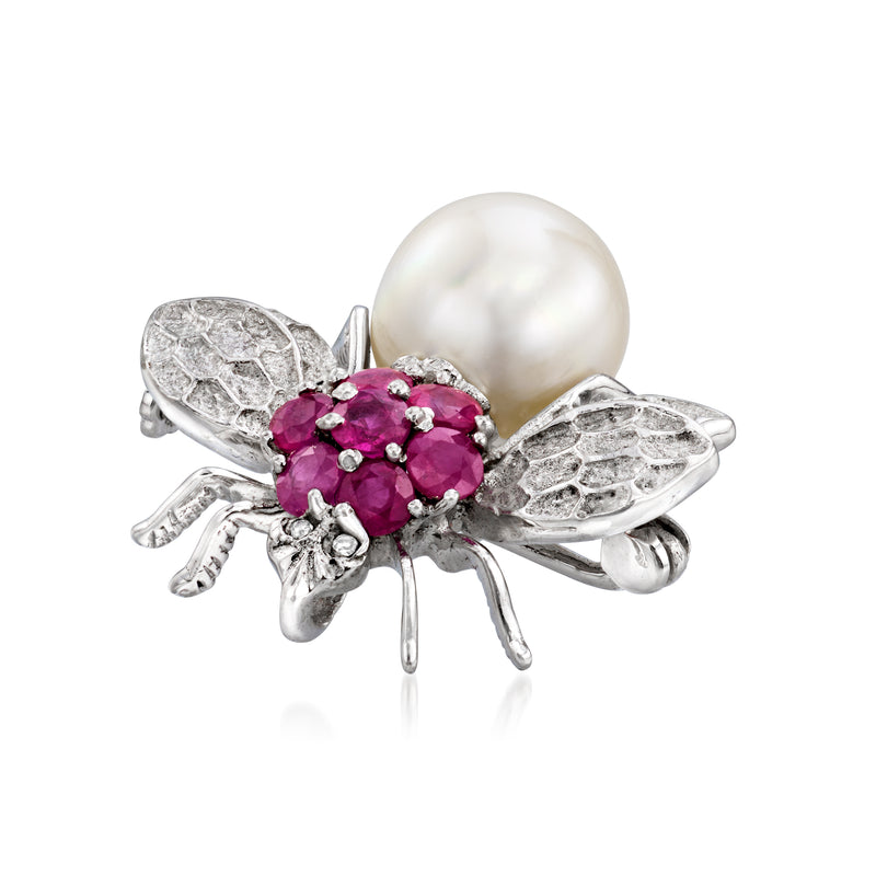 Cultured pearl and ruby bee pin/pendant with textured wings and diamond accents in white gold