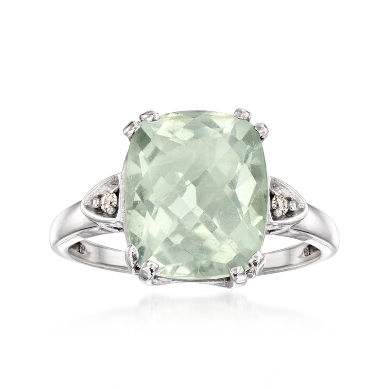 Prasiolite gemstone ring with diamonds in 10kt white gold, oval center stone
