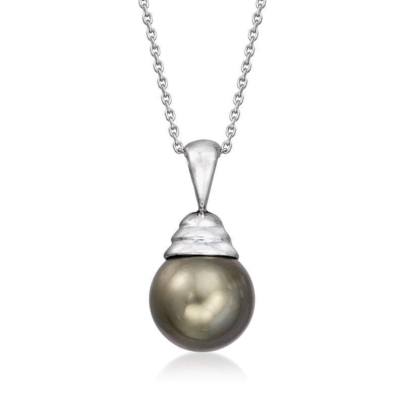 Cultured pearl pendant necklace with dark round pearl and white gold chain