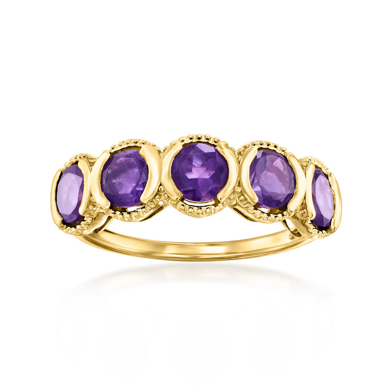 14kt yellow gold amethyst ring with five oval purple gemstones and scalloped bezels