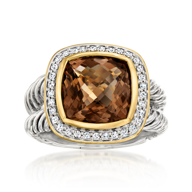 Vintage David Yurman smoky quartz oval ring, diamond halo, sterling silver band, 18kt gold bezel