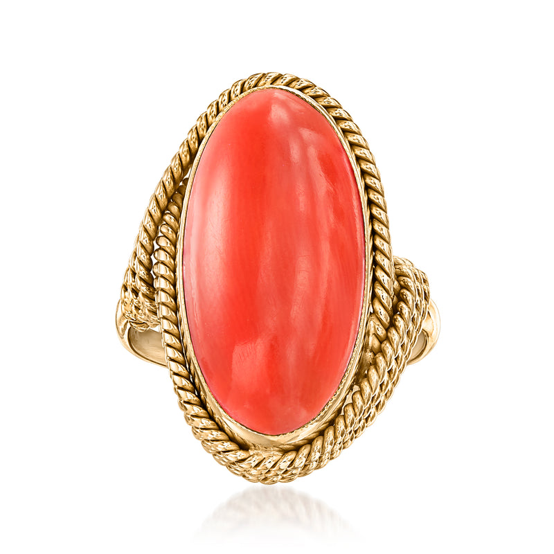 Vintage coral oval ring, 18kt yellow gold bezel with braided rope border
