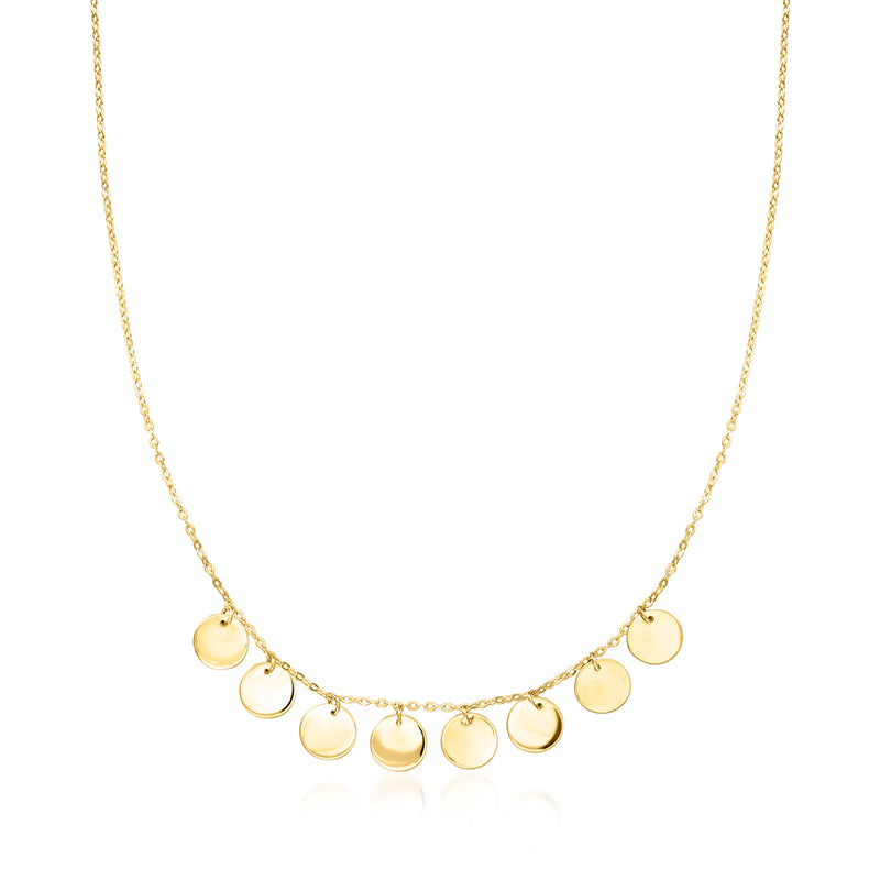 14kt yellow gold disc necklace with small round flat charms along a fine chain
