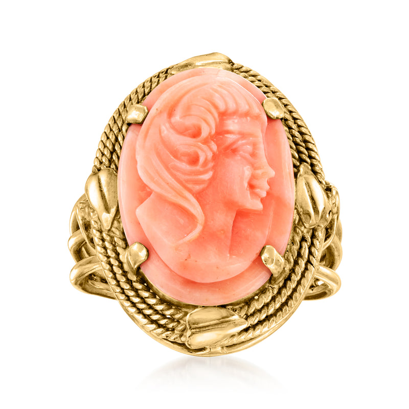14k yellow gold cameo ring with pink coral oval profile