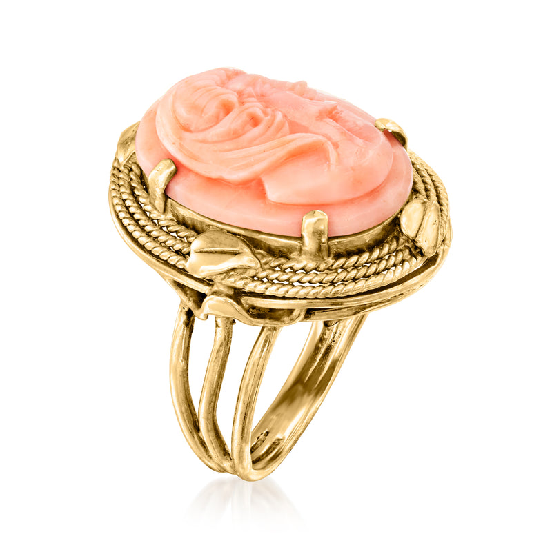 14k yellow gold cameo ring with oval pink coral center and braided frame