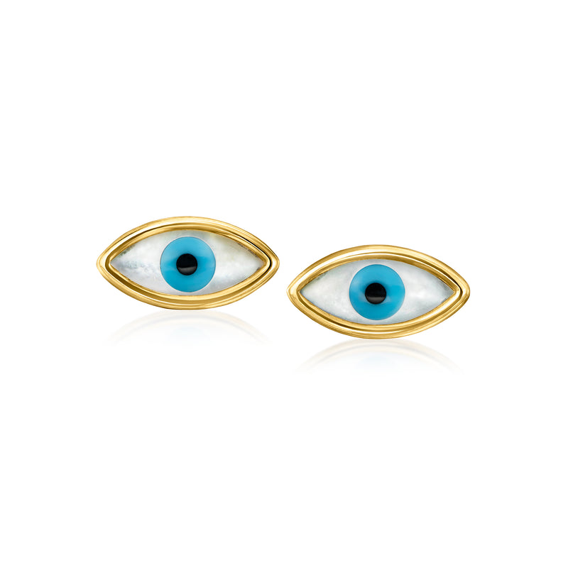 Yellow gold evil eye post earrings, blue mother-of-pearl with black pupil