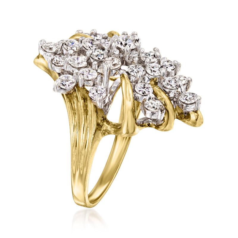 Yellow gold vintage diamond cluster ring, side view with raised sparkling stones