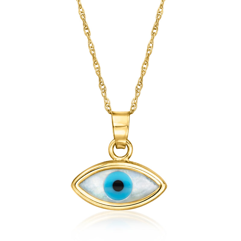 14kt yellow gold evil eye pendant necklace with mother-of-pearl eye in blue