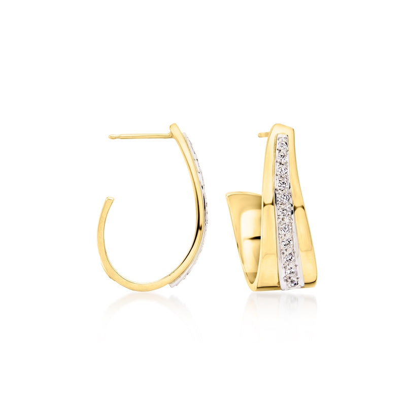 Curved yellow gold hoop earrings with diamond pave center and post backs