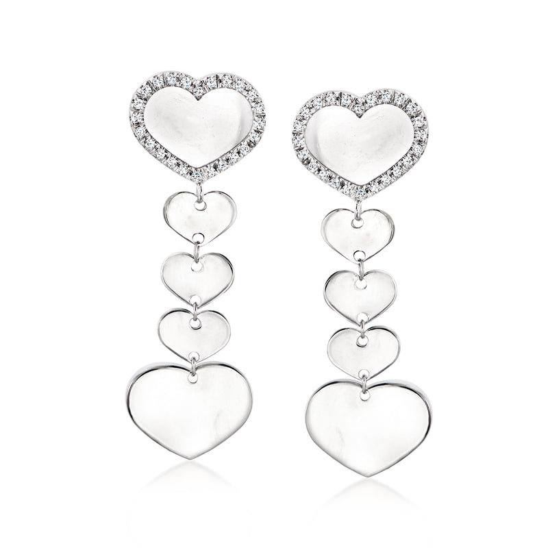 Diamond heart drop earrings with heart-link dangles in 18kt white gold