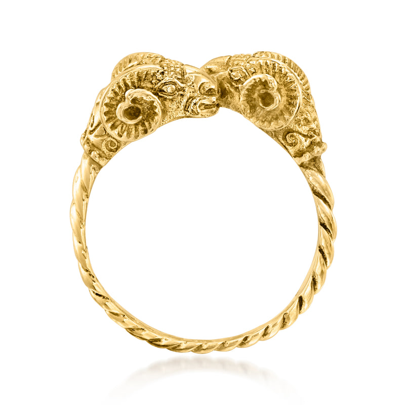 Vintage 18kt yellow gold double ram head ring, arched top and open profile