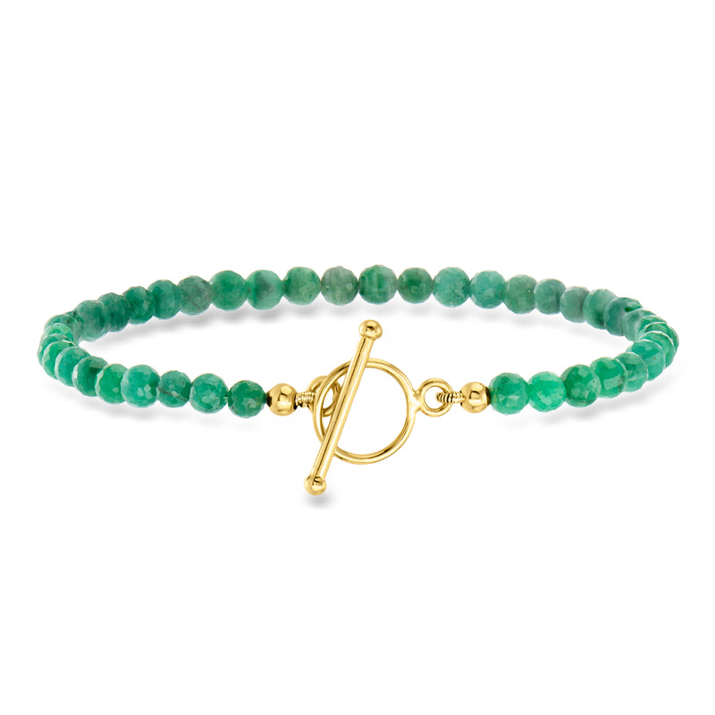 Emerald bead toggle bracelet with gold-tone clasp, charm-compatible