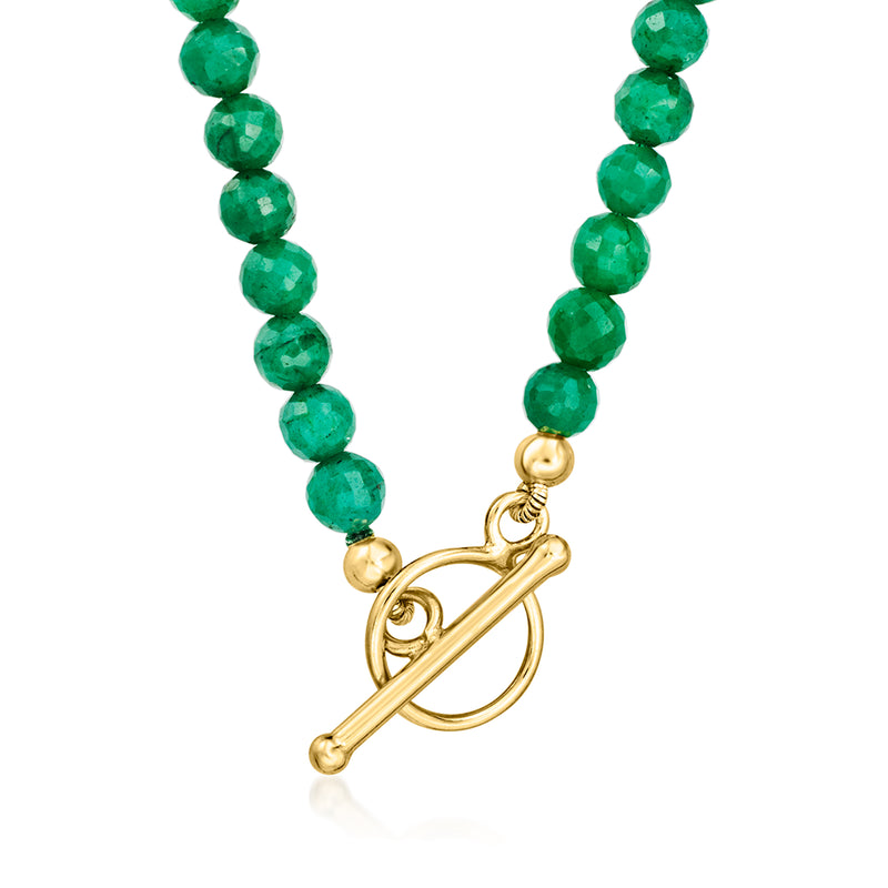 Emerald green bead toggle necklace with gold clasp and bottle-shaped charm