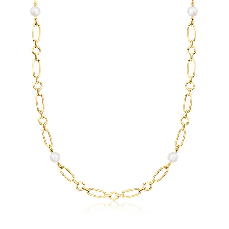 Yellow gold paperclip link necklace with small round cultured pearls along chain