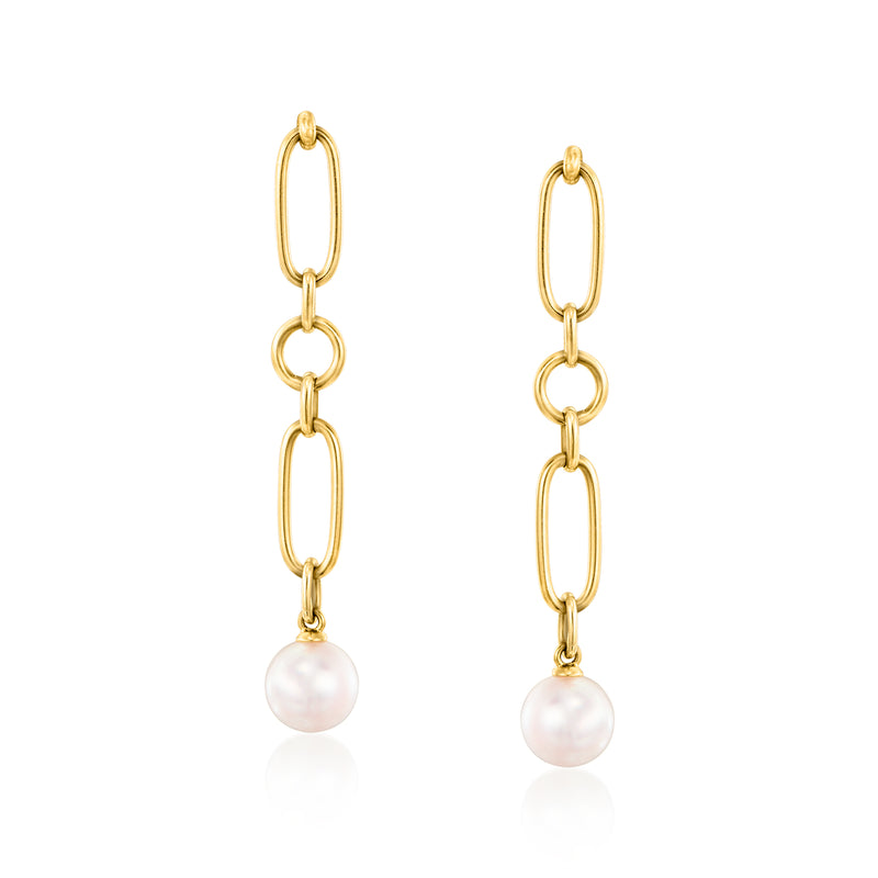 Mikimoto vintage cultured pearl drop earrings in 18kt yellow gold with linked oval hoops
