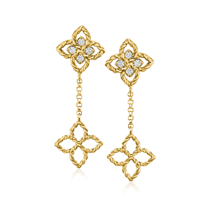 18kt yellow gold diamond flower drop earrings with chain dangle