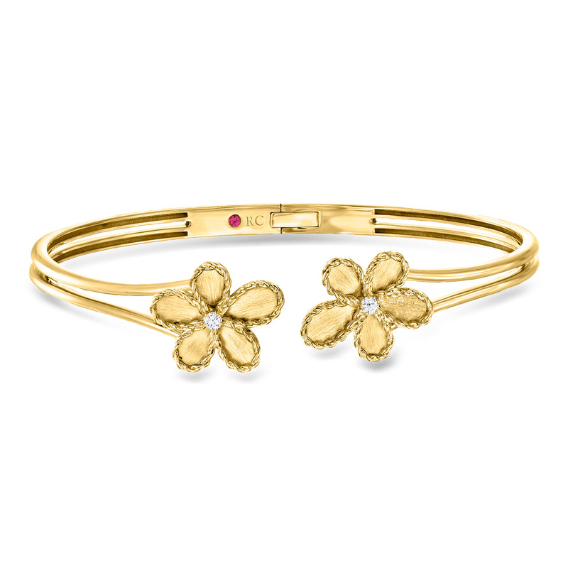 Roberto Coin "Jasmine" 18kt Yellow Gold Flower Cuff Bracelet with Diamonds. 7.5"