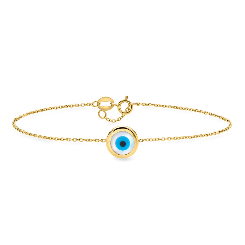 14kt yellow gold evil eye bracelet with round blue resin pendant on chain