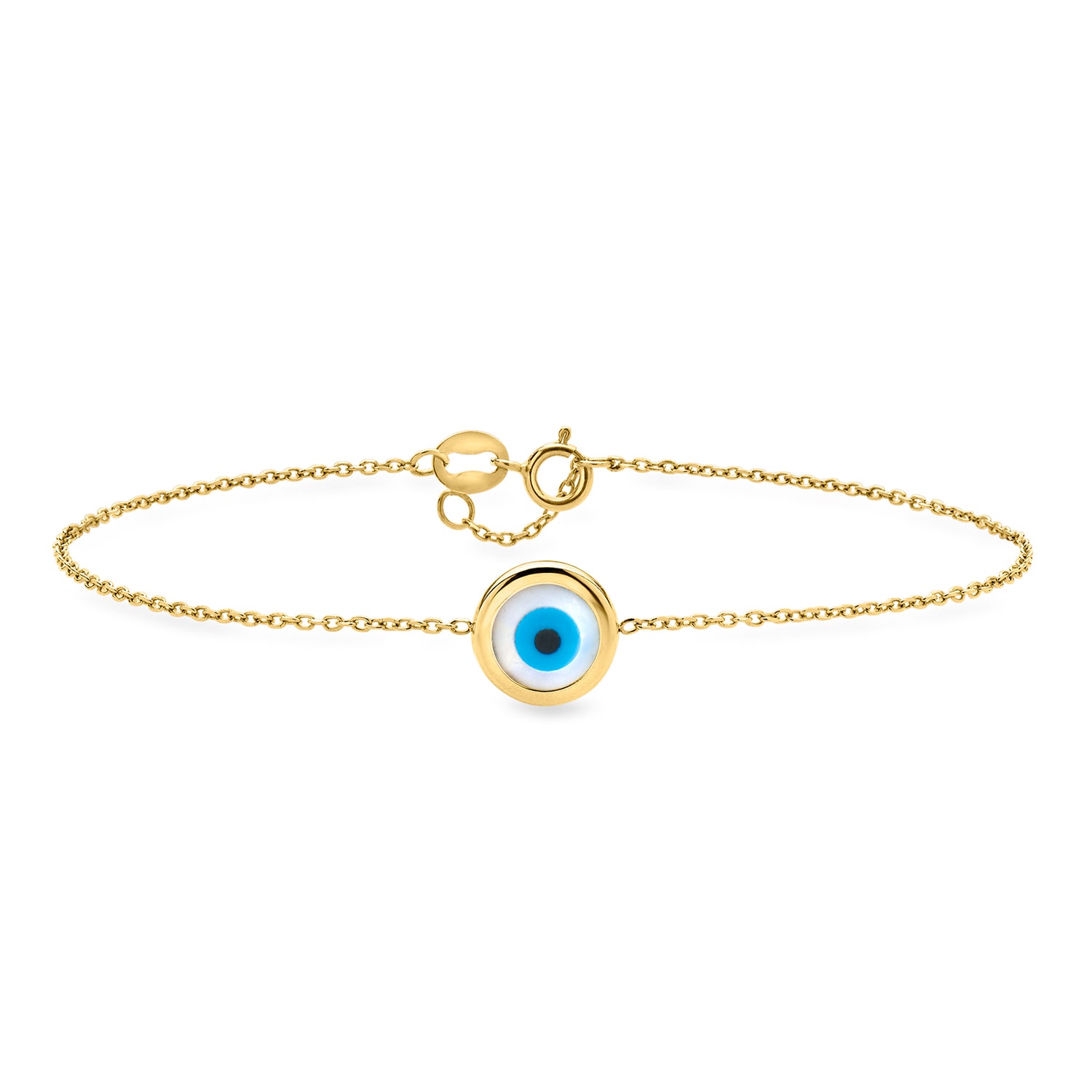 Italian Mother-of-Pearl Evil Eye Bracelet with Blue and Black Resin in 14kt Yellow Gold
