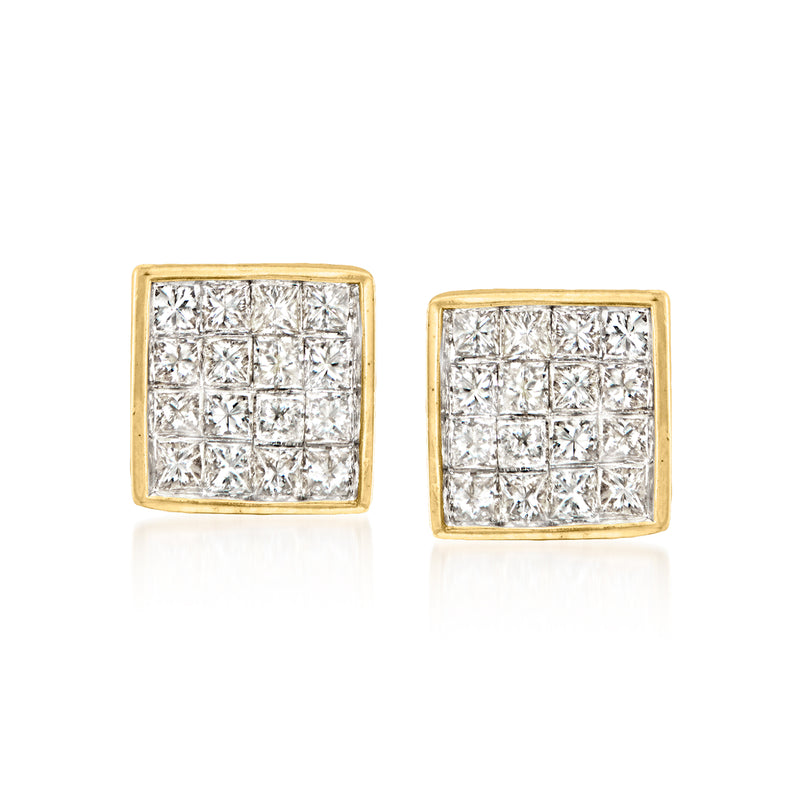 Square diamond stud earrings in 18k yellow gold, post style