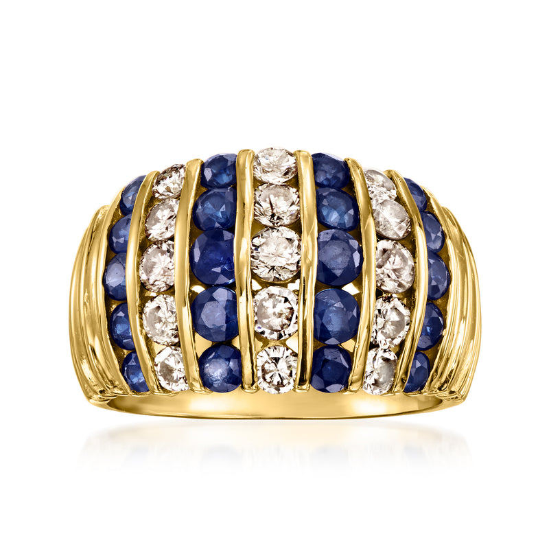 14kt yellow gold ring with oval blue sapphires and round diamonds, ribbed band