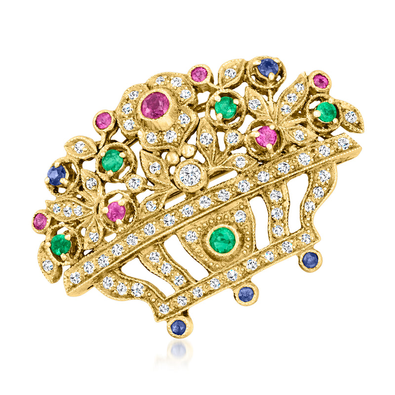 Gold-tone flower basket pin with multicolor gemstones and clear diamond accents