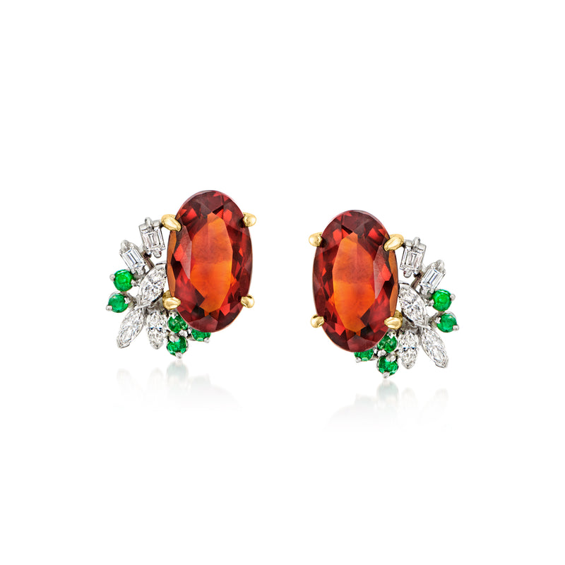 Two-tone gold oval orange citrine stud earrings with diamond and green accents
