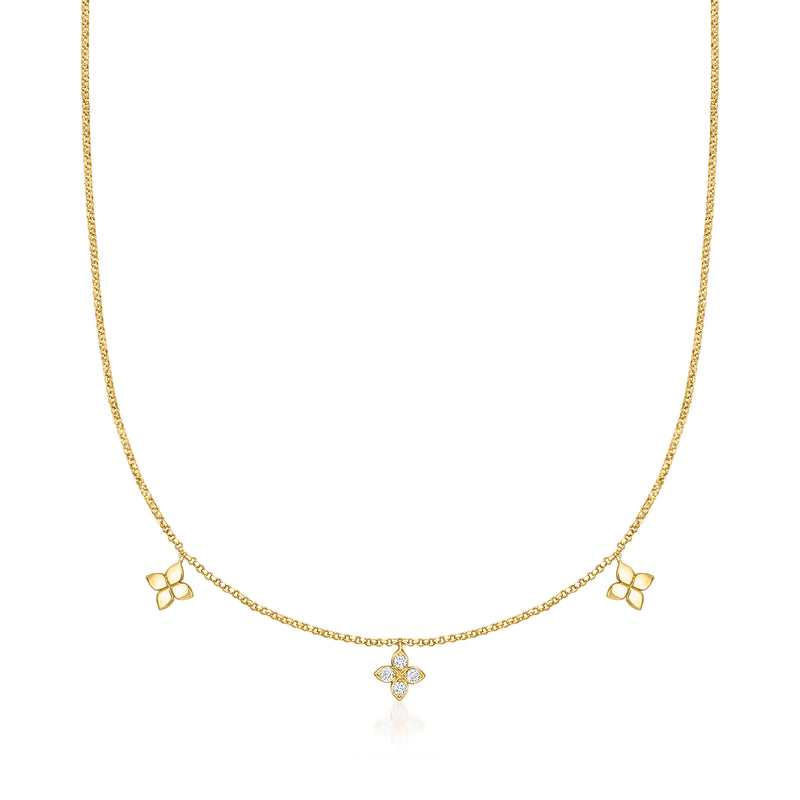 18kt yellow gold diamond station necklace with four clover charms and center diamond