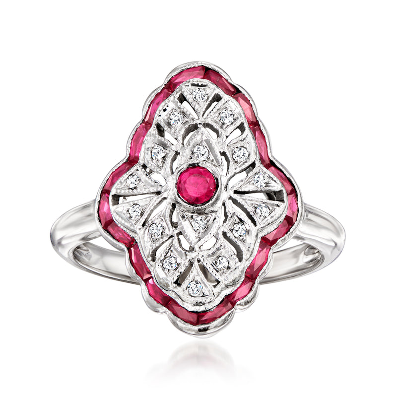 Vintage ruby and diamond ring in 14kt white gold, oval motif with round red center