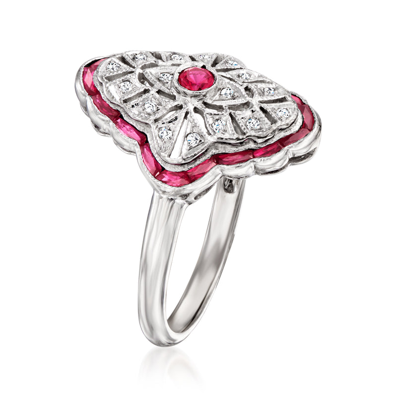 Vintage ruby and diamond ring in 14kt white gold, side view with round red center stone