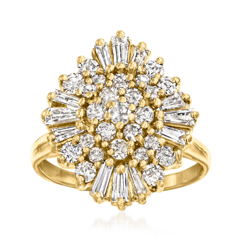 Vintage diamond cluster ring in 14kt yellow gold, round diamond center with baguette sides