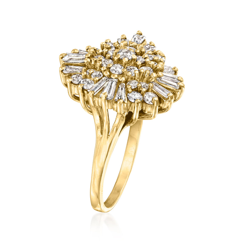 Diamond cluster ring, round and baguette diamond design on 14kt yellow gold band