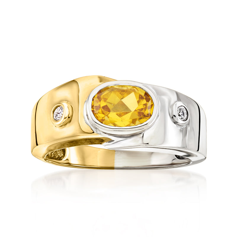 Two-tone 14kt gold ring with yellow beryl center stone and diamond accents
