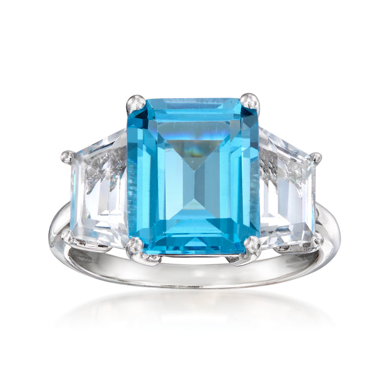 White gold vintage ring with rectangular Swiss blue topaz and clear side stones