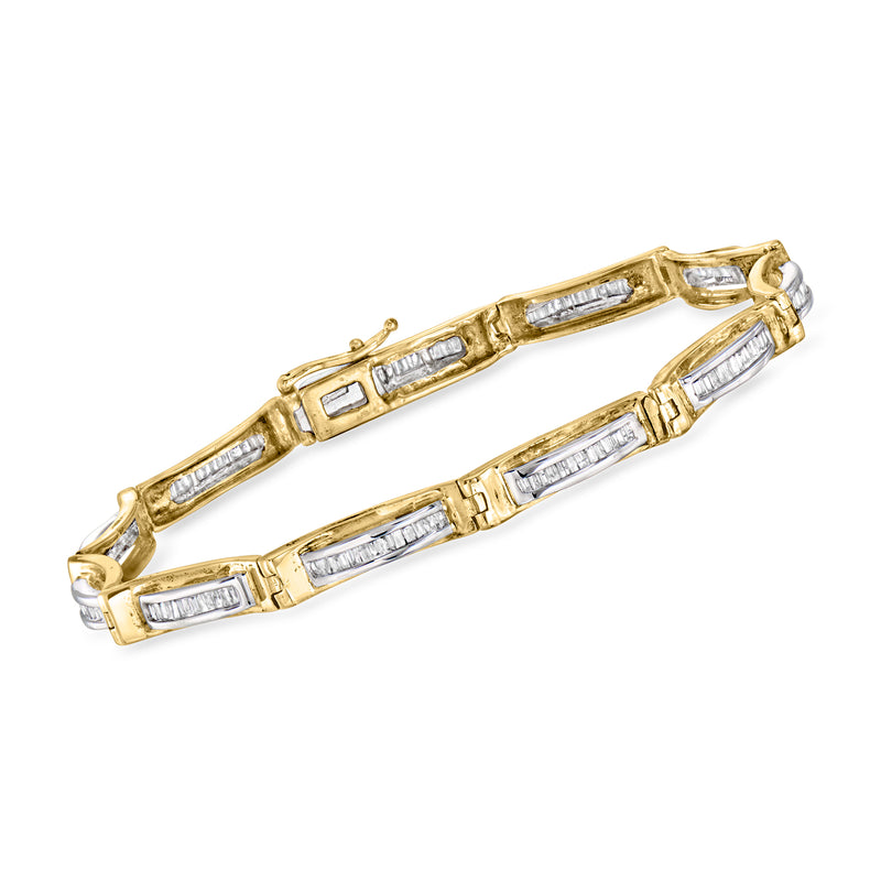 Two-tone 10kt gold baguette diamond station bracelet with rectangular link settings