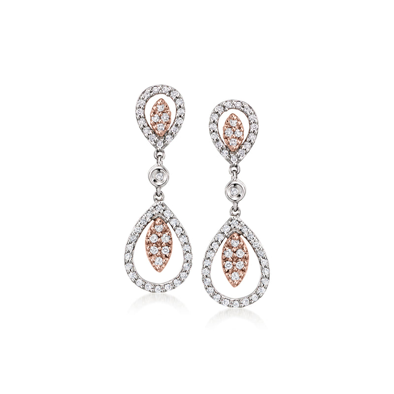 Vintage diamond drop earrings in two-tone gold, pair with oval halo design