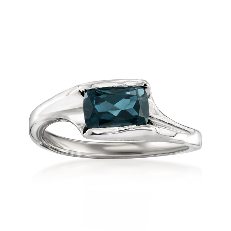 14kt white gold bypass ring with rectangular blue tourmaline gemstone