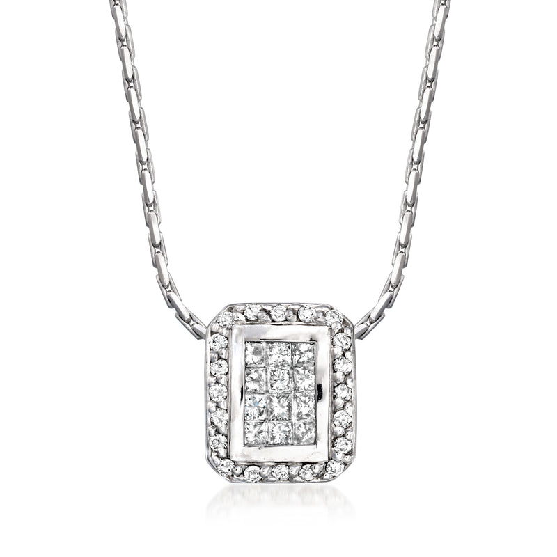 Rectangular diamond pendant in 14k white gold with halo border on a chain