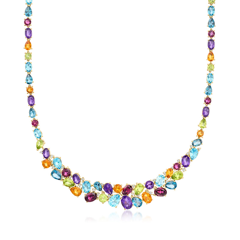 14kt yellow gold multi-gemstone mosaic necklace with purple, blue, green gems