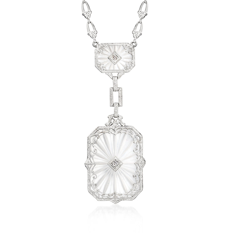 Vintage rock crystal drop necklace in 14kt white gold, geometric diamond accents.