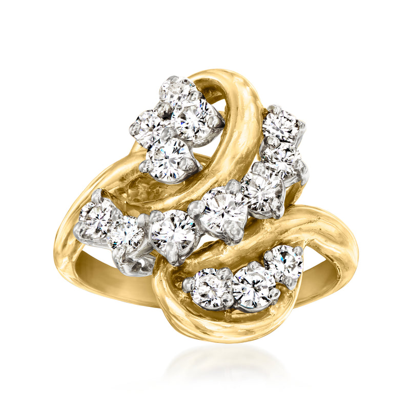 18kt yellow gold diamond swirl ring with round clustered stones, vintage style, size 6