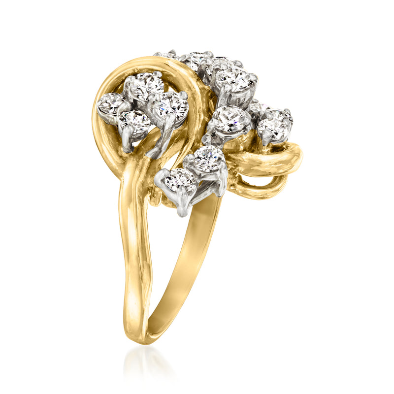 Yellow gold diamond swirl ring with round clustered stones, side view, size 6
