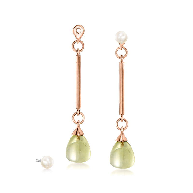 Two-tone gold cultured pearl earrings with lime green quartz drop