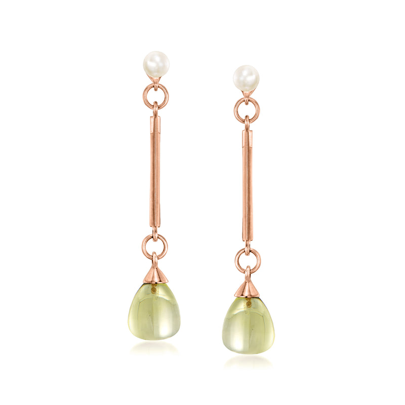Long drop earrings with pearl tops and lime green quartz teardrops